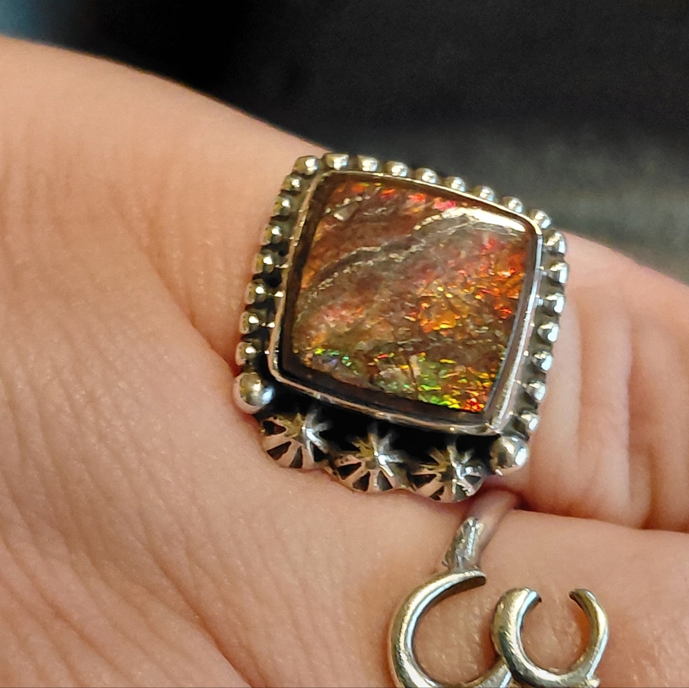 Fiery Ammolite Sterling Silver Ring Size 6 - Picture 6 of 13